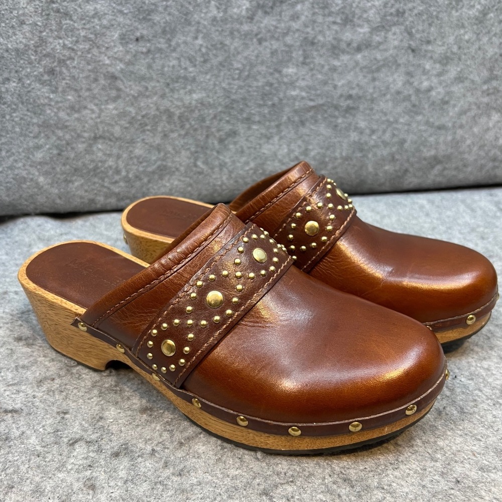 Michael Kors Studded‎ Leather Clogs Mules Brown Wooden Heel Women's Shoes Size 7